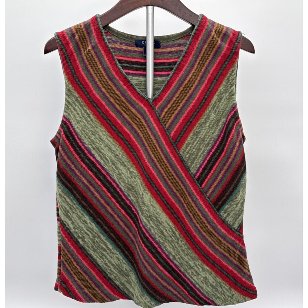 CHAPS Striped Sweater Vest Green Red Purple Linen Cotton Women XL Boho Camp Corp